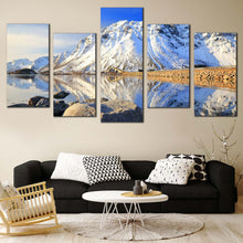 Load image into Gallery viewer, Lofoten Archipelago Wall Art White Snowy Mountain River Multiple Canvas Blue Sky Norway Landscape 5 Piece Canvas Print For Living Room
