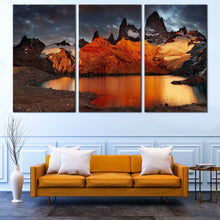 Load image into Gallery viewer, Mountain River Canvas Print, Grey Cloudy Sky Laguna de Los Trees 3 Piece Wall Art, Orange Mount Fitz Roy Multi Canvas For Living Room

