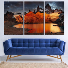 Load image into Gallery viewer, Mountain River Canvas Print, Grey Cloudy Sky Laguna de Los Trees 3 Piece Wall Art, Orange Mount Fitz Roy Multi Canvas In Living Room

