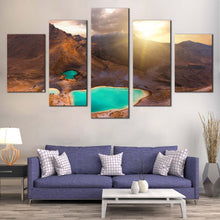 Load image into Gallery viewer, New Zealand Canvas Wall Art, Emerald Lakes 5 Piece Canvas, Tongariro National Park Canvas Print, Tongariro Alpine Crossing Canvas Set, Yellow Mountain Sunrise Multi Canvas In Living Room
