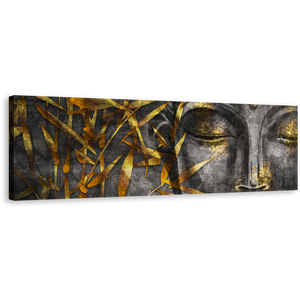 3D Buddha Canvas Wall Art, Gold Leaves Buddha Canvas Print, Grey Buddha Face Close Up 1 Piece Canvas Artwork