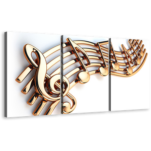 3D Music Canvas Wall Art, Music Note White Background 3 Piece Canvas Print, Gold Bright 3D Music Notes Multiple Canvas Set