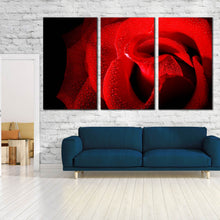 Load image into Gallery viewer, 3 panel close up red rose with water droplets artwork For Living Room
