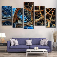 Load image into Gallery viewer, 3d abstract canvas wall art blue abstract geometric canvas set brown 3d fractal illustration 5 piece canvas print In Living Room
