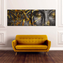 Load image into Gallery viewer, 3d buddha canvas wall art gold leaves buddha canvas print grey buddha face close up 1 piece canvas artwork for living room
