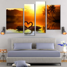 Load image into Gallery viewer, 4 panel canvas home decor black Swans Make Up A Heart Reflected On Water 
