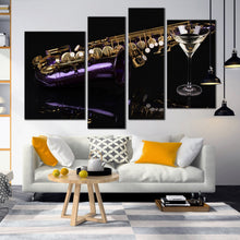 Load image into Gallery viewer, 4 piece Multi Panel Canvas Art of Saxophone With A Glass Of Cocktail wall decor 
