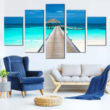 Load image into Gallery viewer, 5  panel  canvas  prints  timber  pier  water  hut  Maldives  beach For Living Room
