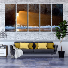 Load image into Gallery viewer, 5 piece cave sunlight streaming ocean beach canvas print In Living Room
