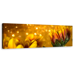 Abstract Flower Canvas Print, Golden Flowers Background Panoramic Canvas Wall Art, Yellow Red Chrysanthemum Flowers Canvas Artwork
