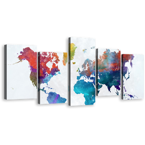 Abstract Map Canvas Wall Art, Colorful World Map Digital Painting 5 Piece Canvas Print, White Global Map Multiple Canvas