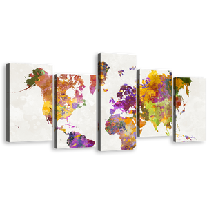 Abstract Map Canvas Wall Art, White Background Flat World Canvas Print, Colorful World Map 5 Piece Multiple Canvas