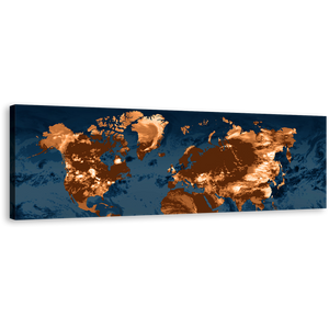 Abstract World Canvas Print, Orange World Map Panoramic Canvas Wall Art, Blue Flat Earth Canvas Artwork