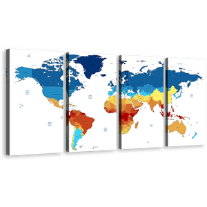 Abstract World Canvas Wall Art, World Map Digital Painting Digital Canvas Set, Colorful World Map 4 Piece Canvas Print