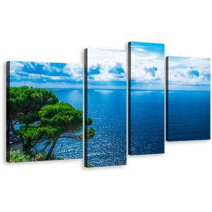 Adriatic Sea Canvas Print, Blue Clouds Ocean 4 Piece Canvas Wall Art, Green Trees Ocean Canvas Set