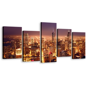 Aerial City Canvas Wall Art, Purple Chicago Downtown Canvas Print, Yellow Bright Night City 5 Piece Canvas