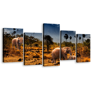 African Elephants Canvas Wall Art, Wild Animals Grey Sky Canvas Print, Beautiful Yellow Brown Desert Land 5 Piece Multi Canvas