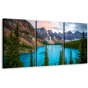 Alberta Mountains Canvas Print, Grey Brown Mountains Scenery Canvas Set, Green Trees Moraine Lake 3 Piece Canvas Wall Art