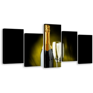 Alcohol Glasses Canvas Wall Art, Yellow Champagne Glasses 5 Piece Multiple Canvas, Black Champagne Drink Bottle Canvas Print
