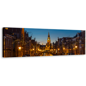 Alkmaar City Canvas Print, Alkmaar Harbor Canals Yellow City Wall Art, Netherlands Blue Sky Cityscape Panoramic Canvas