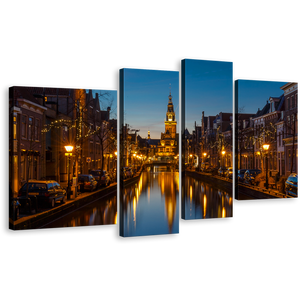Alkmaar River Wall Art, Blue Sky Netherlands Harbor Canals Cityscape Canvas Print, Yellow Alkmaar City Lights 4 Piece Multi Canvas