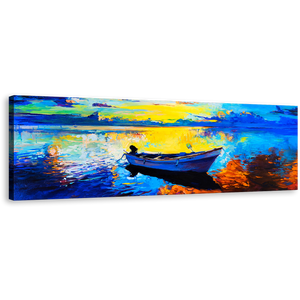Alone Boat Canvas Wall Art, Blue Ocean Orange Sky Panoramic Canvas, Contemporary Ocean Seascape 1 Piece Canvas Print