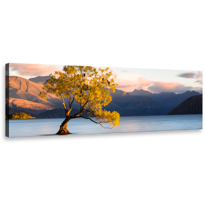 Alone Tree Canvas Print, Beautiful Wanaka Blue Mountains Lake Panoramic Canvas Art, New Zealand  Yellow Tree at Dawn Wall Art