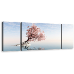 Alone Tree Canvas Wall Art, Pink Tree Reflection in Lake 3 Piece Multi Canvas, White Ocean Blue Sky Triptych Canvas Print