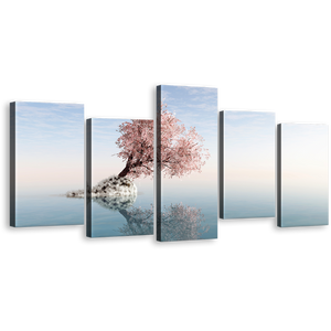 Alone Tree Canvas Wall Art, Pink Tree Reflection in Lake 5 Piece Canvas Set, White Ocean Blue Sky Canvas Print