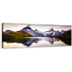 Alpine Mountains Wall Art, White Sky Grindelwald Valley Canvas Artwork, Purple Schreckhorn Scene Panorama Canvas Print