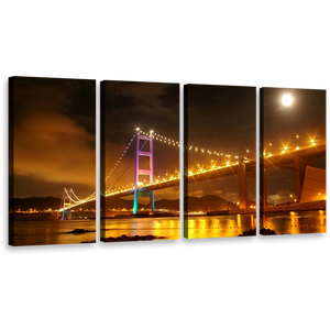 Amazing Bridge Wall Art, Hong Kong Yellow City Bridge Lights Multi Canvas, Purple Green Tsing Ma At Night 4 Piece Canvas Print
