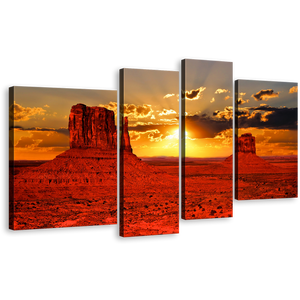 Amazing Desert Canvas Print, Iconic Red Sunset Monument Valley 4 Piece Canvas Set, Contemporary Arizona Orange Sunset Wall Art