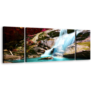 Amazing Scenery Canvas Wal art, Red Trees Forest Waterfall 3 Piece Canvas Set, Autumn Blue Waterfall Canvas Print