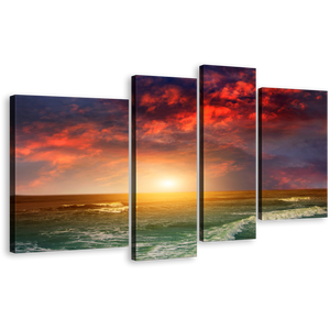 Amazing Seascape Canvas Print, Indian Ocean Orange Sunset 4 Piece Canvas Set, Blue Beach Scene Wall Art