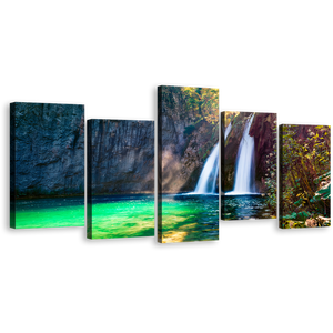 Amazing Waterfall Canvas Print, Europe Green National Park Waterfall 5 Piece Canvas Wall Art, Pure White Waterfall Autumn Scene Multi Canvas
