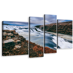 Amazing Waterfall Canvas Wall Art, Blue Gullfoss Waterfall Iceland 4 Piece Multi Canvas Artwork, White Hvita River Canvas Print