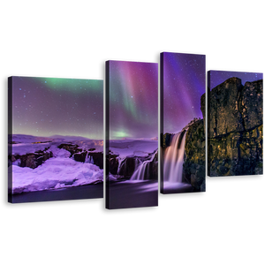 Amazing Waterfall Wall Art, Night Gold Mountain River Multi Canvas, Kirkjufellsfoss Northern Purple Lights 4 Piece Canvas Print