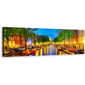 Amsterdam City Canvas Wall Art, Colorful Evening Canal View Panoramic Canvas Print, Beautiful Netherlands Harbor Reflection 1 Piece Canvas Artwork