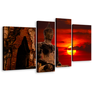 Ancient Temple Canvas Wall Art, Cloudy Red Sky Thailand Buddha 4 Piece Canvas, Old Brown Buddha Statue Canvas Print