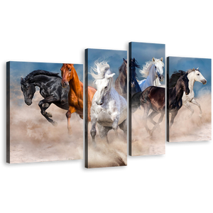 Animal Running Canvas Wall Art, Herd of Horses 4 Piece Canvas Print, Black White Brown Horses Running Canvas Set