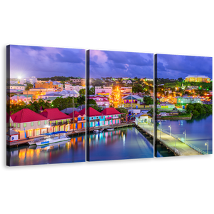 Antigua Island Canvas Print, Blue Harbors Canal Lake Sunset Canvas Set, Orange Green Antigua Port Houses 3 Piece Canvas Wall Art