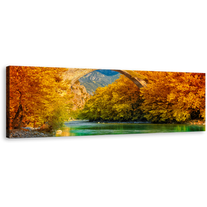 Aoos River Wall Art, Greece Green Water Konitsa Bridge Panoramic Canvas Art, Orange Autumn Trees Landscape Canvas Print