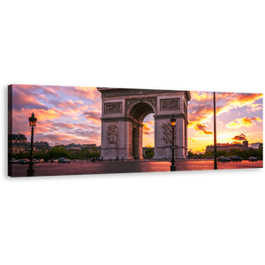 Arc de Triomphe Canvas Wall Art, Beautiful Yellow Purple Sunset Canvas Print, Place de l'Etoile Paris Panoramic Canvas