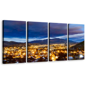 Armenia Mountains Canvas Wall Art, Blue Vanadzor Skyline City Mountains Canvas Print, Beautiful Yellow Night Street Lights 4 Piece Multiple Canvas