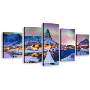 Aurora Borealis Wall Art, Yellow Lights Lofoten Islannd 5 Piece Canvas Multi-panel Print, Blue Snowy Mountain Canvas Set