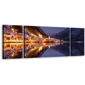 Austria Lake Canvas Wall Art, Salzkammergut Mountains Reflection at Sunset 3 Piece Canvas Print, Hallstatt Gold City Lights Triptych Multi Canvas Artwork, Boots in Grey Lake Canvas Set