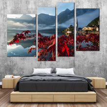 Load image into Gallery viewer, Austria Landscape Canvas Wall Art Grey Lake Hallstatter See  4 Piece Canvas Red Flowers Focus Landscape Canvas Print For Bedroom
