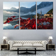 Load image into Gallery viewer, Austria Landscape Canvas Wall Art Grey Lake Hallstatter See  3 Piece Canvas Red Flowers Focus Landscape Canvas Print For Living Room
