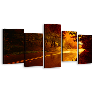 Autumn Forest Canvas Print, Red Trees Nature Scenery Multi Canvas, Beautiful Yellow Forest Path 5 Piece Wall Art