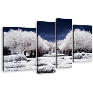 Autumn Forest Canvas Wall Art, Blue Night Cloudy Sky Scenery 4 Piece Multi Canvas Artwork, Snow Covered White Trees Forest Canvas Print